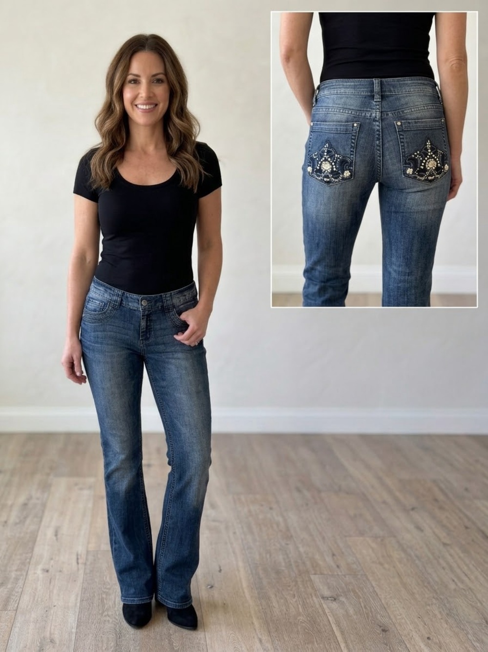 WHBM Y2K Embellished Bootcut Jeans Rhinestone Pearl Pocket Size 6R